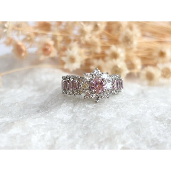 Pink Topaz & CZ Halo Crown Shaped 925 Sterling Silver Vintage Ring - sz 8 - Picture 8 of 12